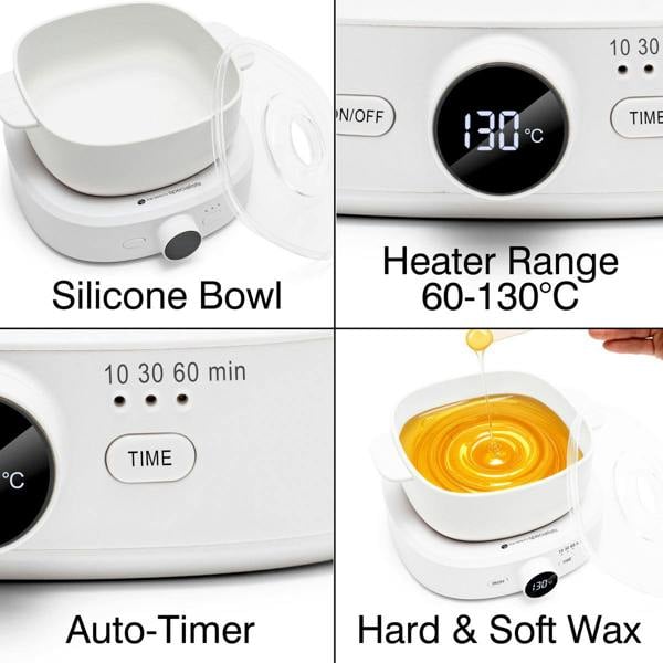 The Rio Go Smooth Hair Removal Wax Heater features a white design, silicone bowl, digital display (60–130°C), auto-timer (10/30/60 min), and easy pouring for wax melts. Labeled features: silicone bowl, heater range, auto-timer, pro results.