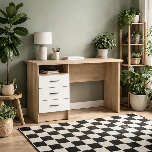Wyld Haus Billabong Natural Oak Wood Office Desk 3 White Drawers