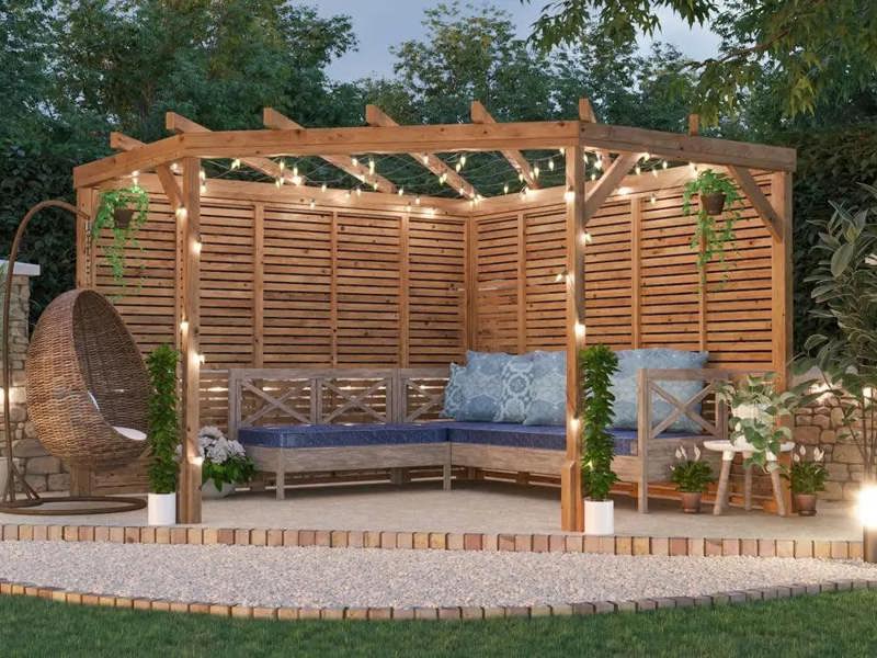 Dunster House Wooden Corner Pergola with Slatted Walls & Trellis 3m x 3m Utopia Diamond