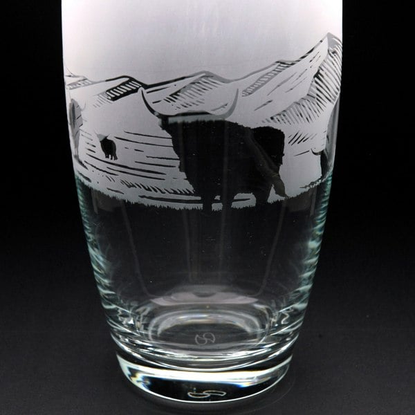 Glyptic Glass Art Highland Cow Glass Botanica Vase - Hand Etched/Engraved Gift