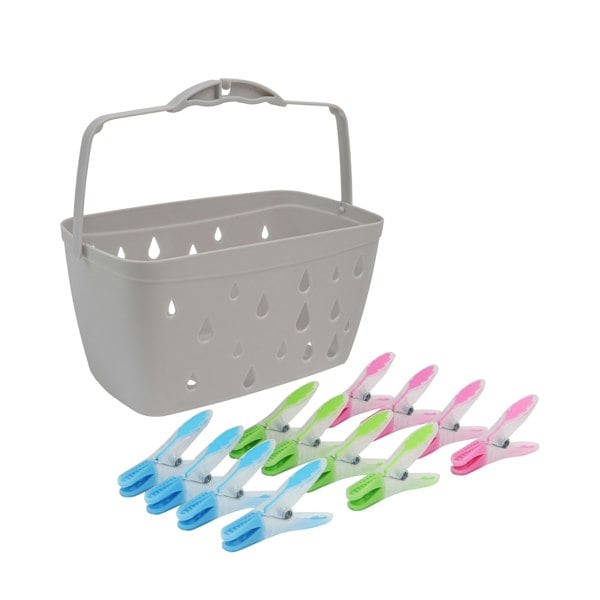 JVL Plastic Peg Basket, Grey with 48 Prism Soft Touch Leaf Design Plastic Pegs, Multi