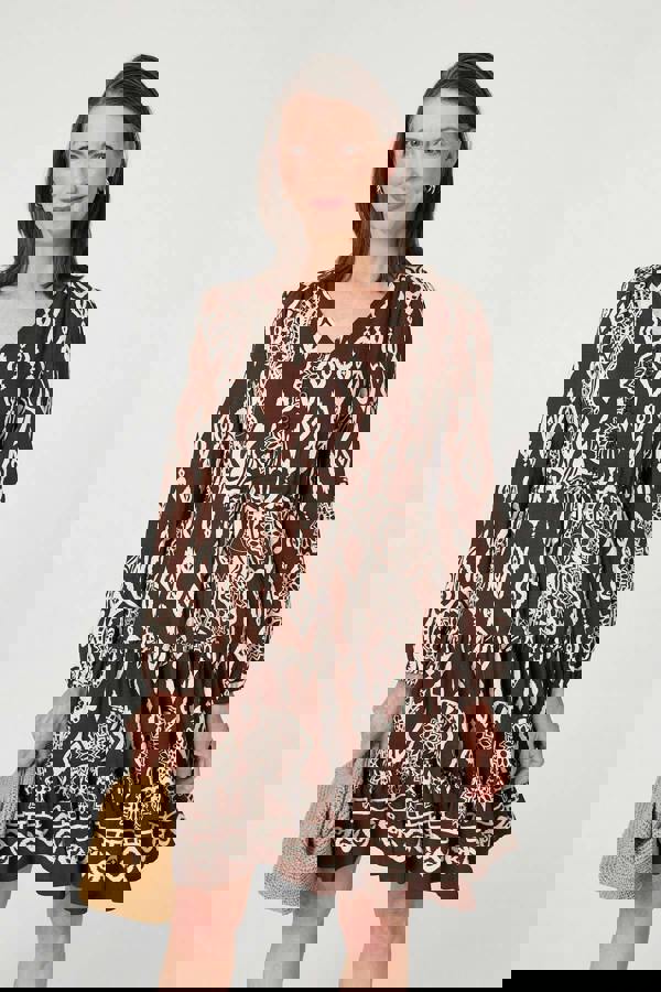 Brown | Printed Tiered V-Neck Knee Length Dress