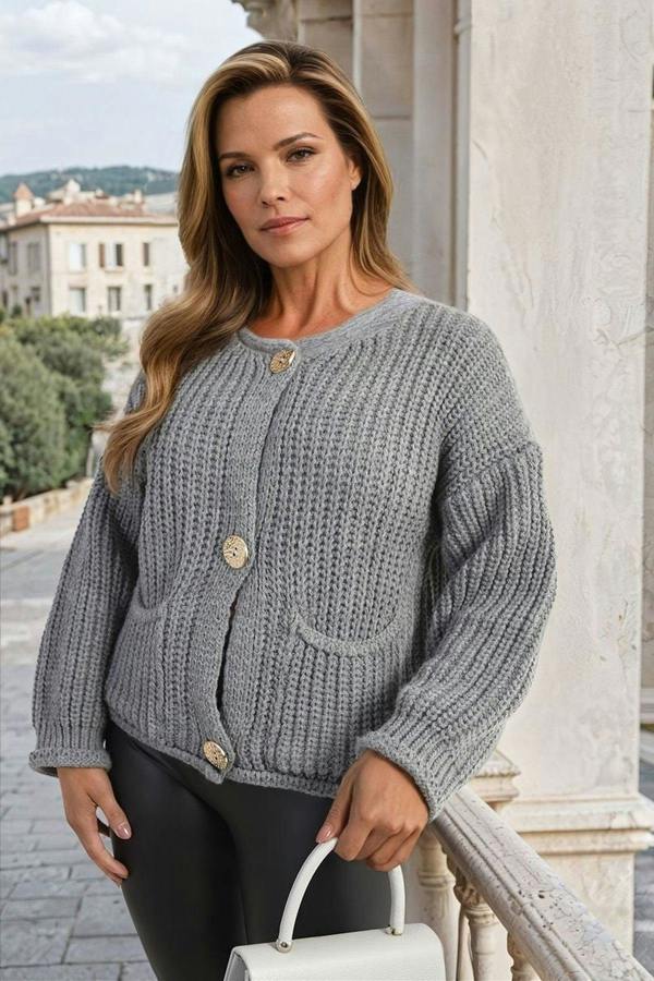 Melissa Chunky Cable Button Knit Cardigan - Grey