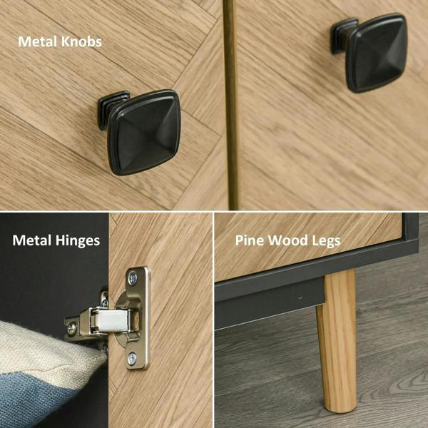 Metal knobs, hinges, and fine wood legs on a wood-grain wardrobe cabinet