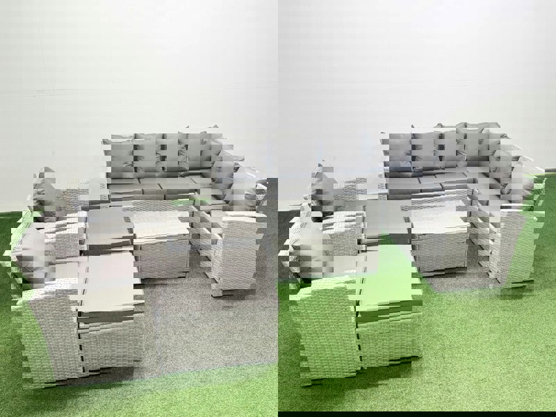 Fimous Garden Outdoor PE Rattan Furniture Set 10 Seater Rattan Garden Sofa Set with 2 Big Footstools Light Grey Mixed