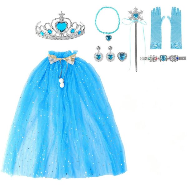 deAO Toys Princess Dress-Up Costume Set for Girls lncludes Cape, Crown, Wand, Necklace,Ring,Gloves, and Earrings - blue