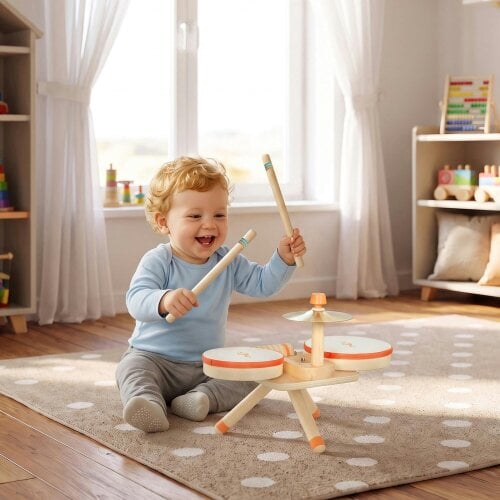 AIYAPLAY Kids Drum Kit, Wooden Musical Instruments with 2 Drums Natural Wood