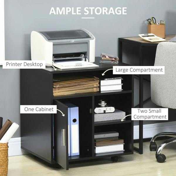 Black printer desktop cabinet with large top compartment and multiple storage zones