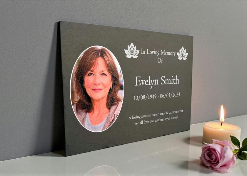 Memorials Direct Photo Slate Memorial Plaque, Lotus, Add a Portrait & Personalised Text | 35×25cm (14×10”)