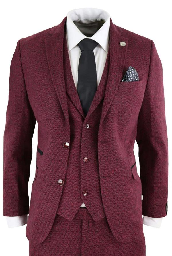 TruClothing Mens 3 Piece Wine Herringbone Wool Tweed Retro Suit