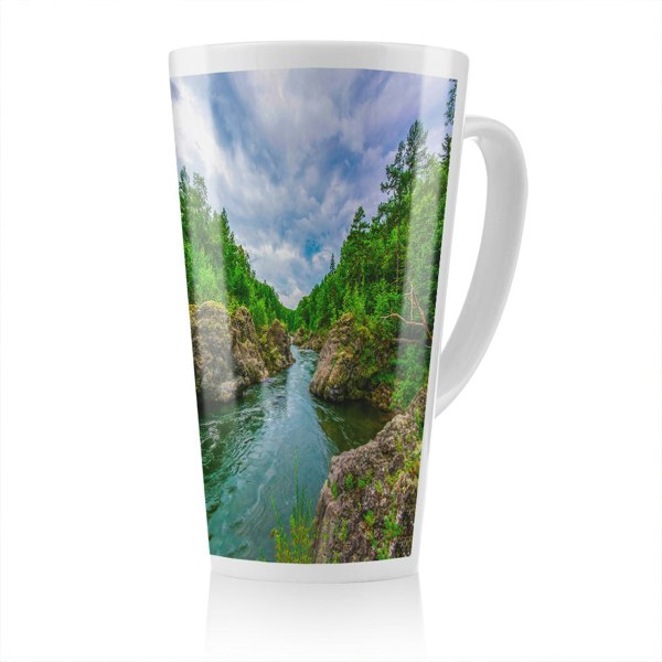 Benjamin Tate Design River in mountain forest landscape Designer Latte Mug