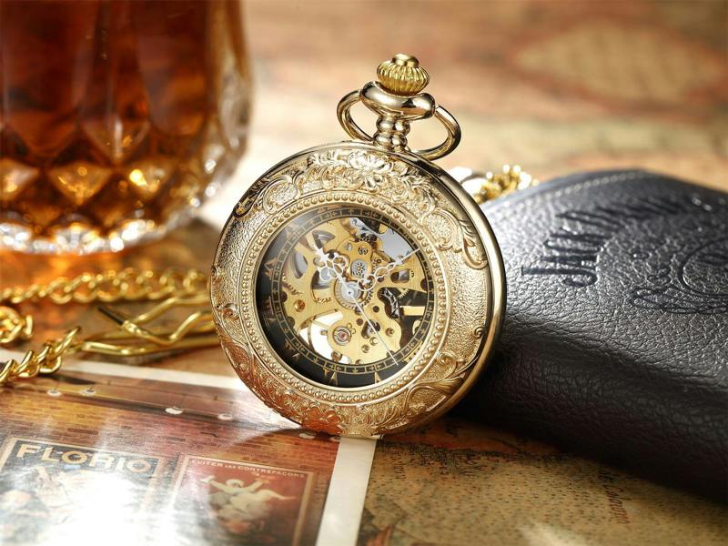 Infinity Leather Vinatage Mechanical Alloy Skeleton Half Hunter Pocket Watch