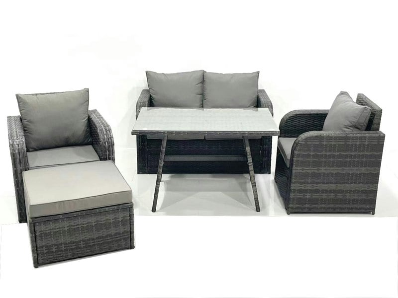Fimous Outdoor Garden Furniture Set Rattan Sofa Dining Table Set with Reclining Chair Big Footstool Dark Grey Mixed