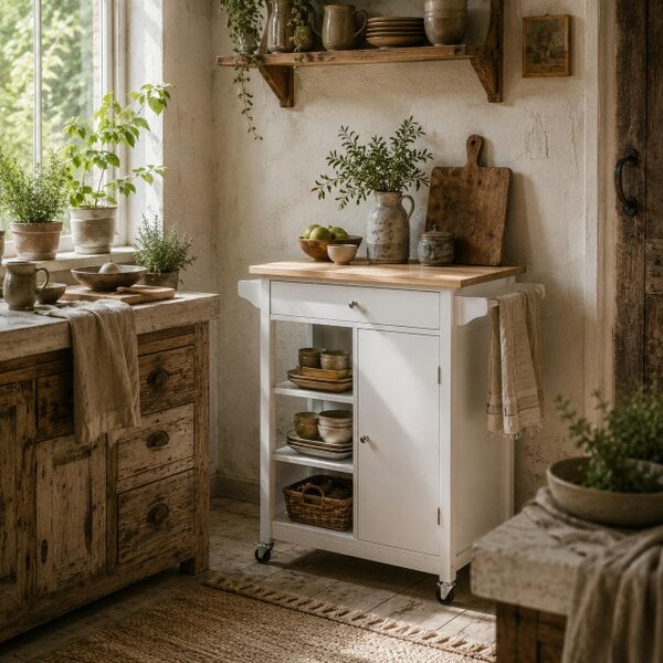 Wyld Haus Yota Wooden White Kitchen Island On Wheels With Wood Top Shelves And Storage Cupboard