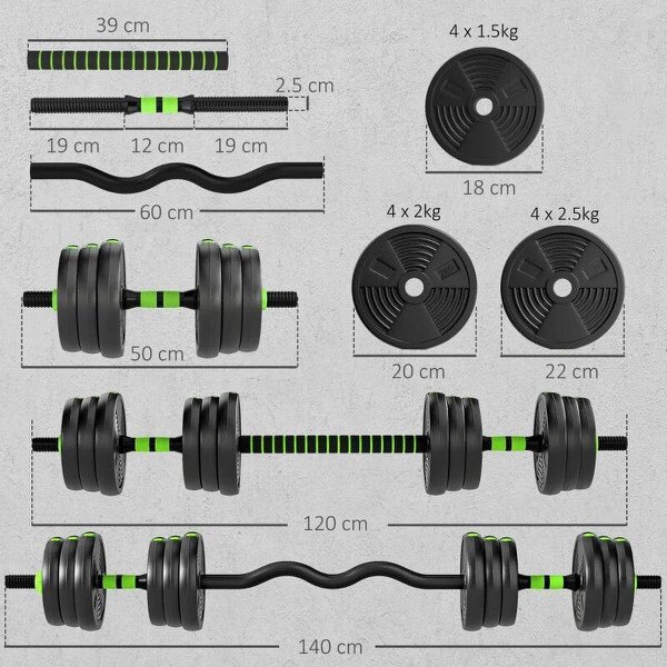 25 kg 3-in-1 Adjustable Dumbbell & Barbell Set with EZ Bar, Connecting Rod and Non-Slip Grip for Home Gym, Green