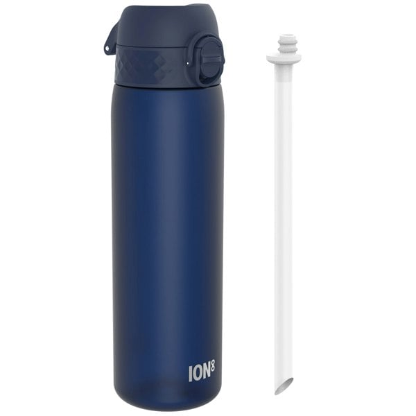 A dark-blue water bottle, with a dark-blue cap and carrying loop, sits beside its detached white straw. ION8 is printed on the bottle.