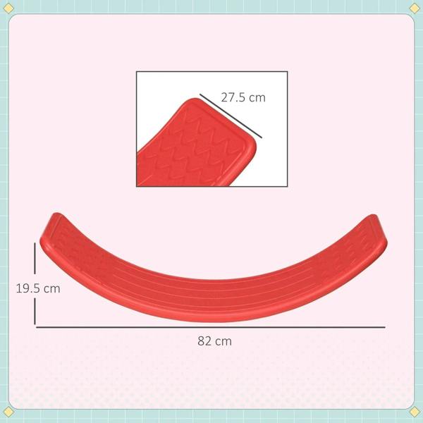 Red curved wobble board profile with size measurements shown on diagram