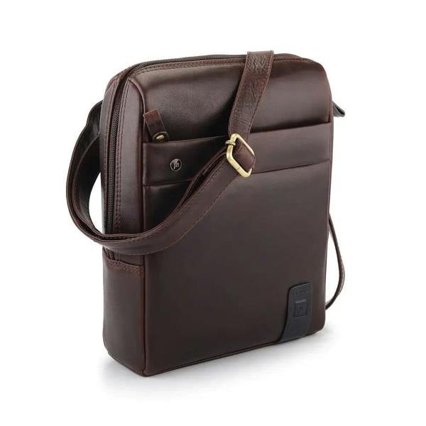 Brown leather messenger bag on a white background