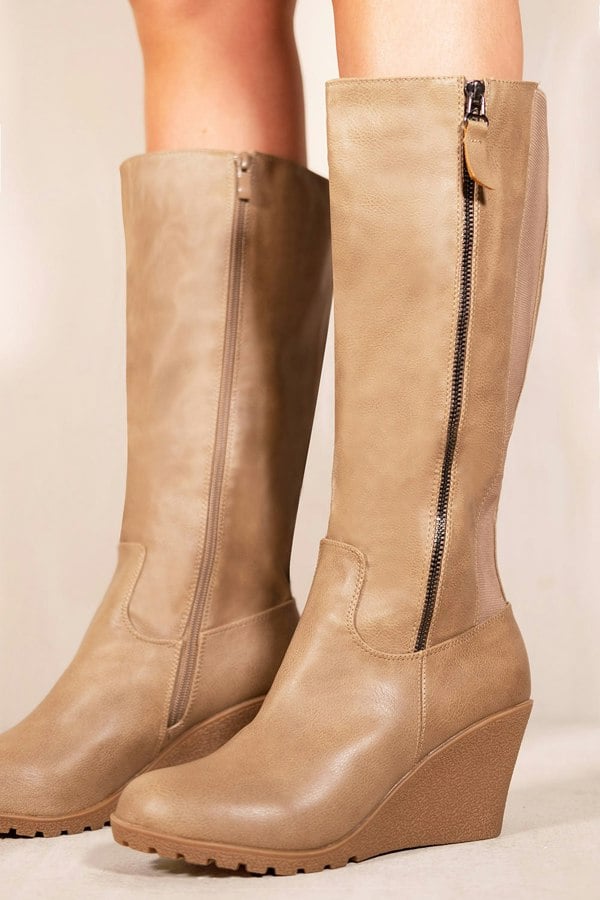 Where's That From Lara Wedge Heel Mid Calf High Boots With Side Zip in Khaki Faux Leather