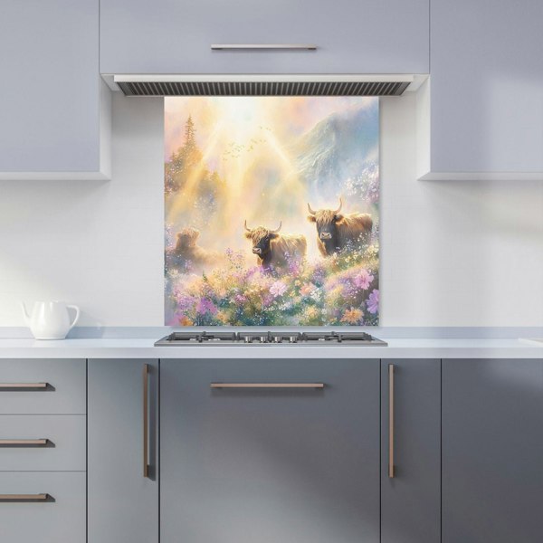 Warren Reed Highland Cows in Spring Glass Kitchen Splashback - 00021