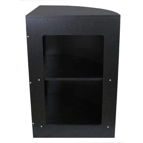 Black retail shop corner counter CM60 with a sleek design, featuring a spacious interior shelf and a smooth, textured finish