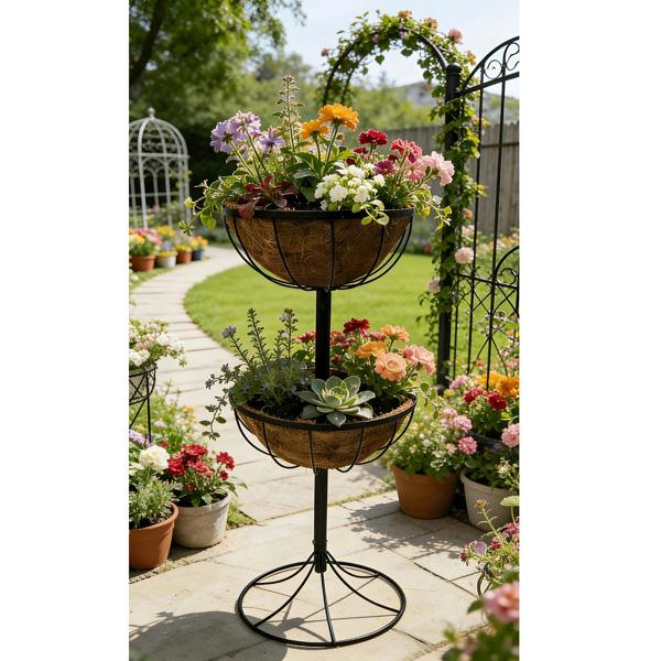 Gr8 Garden 2 Tier Flower Fountain Planter With Coco Liners Metal Outdoor Garden Decor Patio