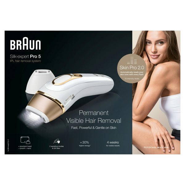 Braun IPL Silk-Expert Pro 5, At Home Hair Removal Device with Pouch, White/Gold, PL5124