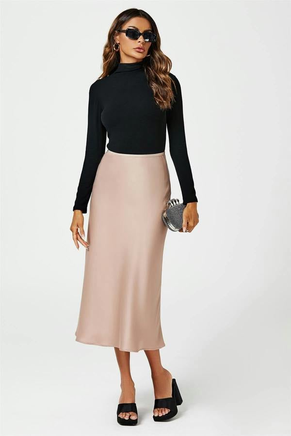 FS Collection Satin Midi Skirt In Light Brown