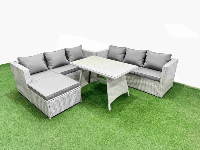 Fimous Rattan Garden Furniture Dining Set 7 seater Patio Rectangular Table 3 Seater Sofa Set with Big Stool Light Grey