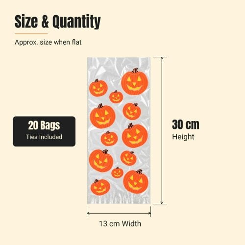 Shatchi 13x30cm Pumpkin Cello Gift Bags with Twist Ties, Pack of 20 for Halloween Treats
