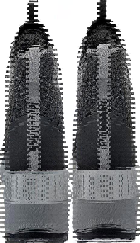 PUMA Safety PUMA Slide Disc Low Mens Safety S1P Work Trainers, rear view showing black and gray safety sneakers with branded pull tab and sturdy sole.