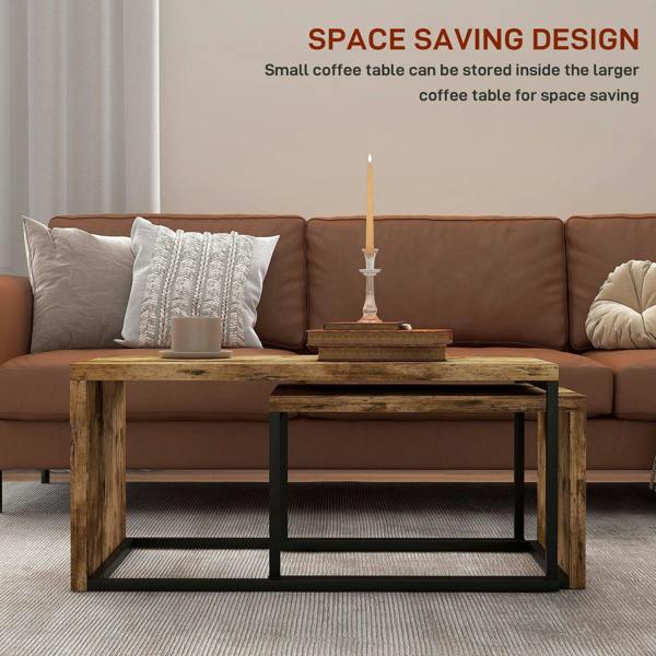 Rustic brown rectangular coffee table with black metal frame on a living room floor