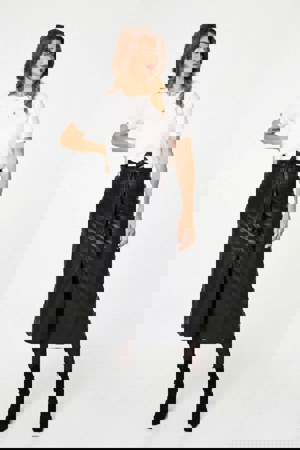 Black | Faux Leather Tie Waist A-Line Midi Skirt