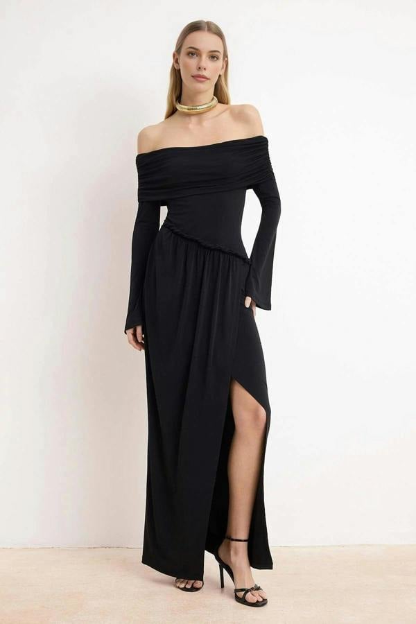 WOVCOR Accessory Detailed Knitted Maxi Evening Dress