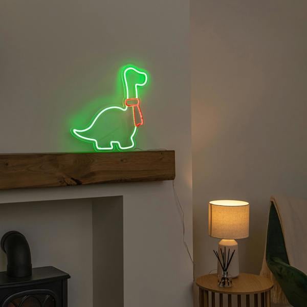 Samuel Alexander 43cm Light up Green & Red Neon Dinosaur Christmas Light with Scarf & Stand