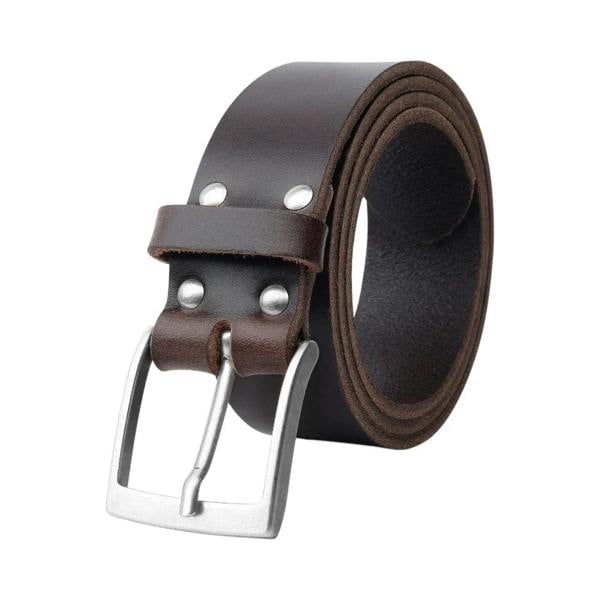 Brown leather belt with silver buckle on a white background