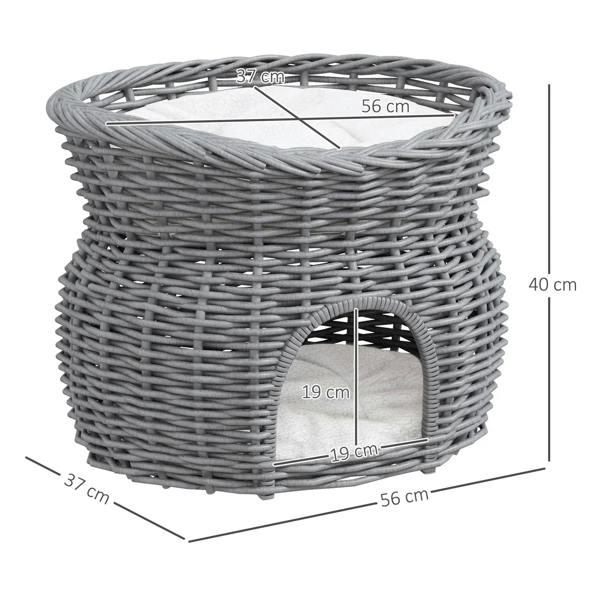 Grey woven wicker elevated cat house basket bed with arched doorway and cushion