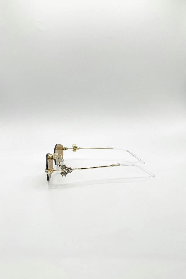 SVNX Rimless Oval Diamante Sunglasses In Brown