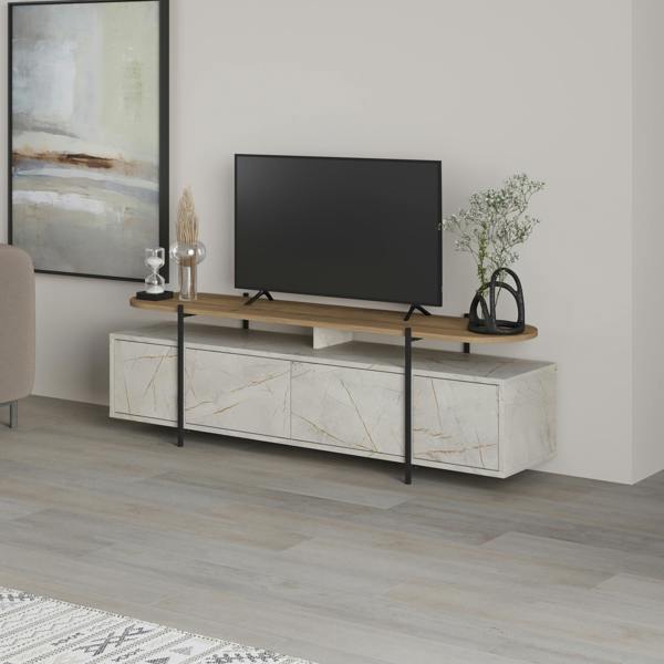 Decortie Hanley Modern TV Unit Multimedia Centre Marble Effect Oak Effect With Storage TV Cabinet 160cm