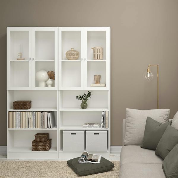 Furniture To Go Basic Tall Wide Display Cabinet in White (4 Shelves) with 2 Glass White Doors