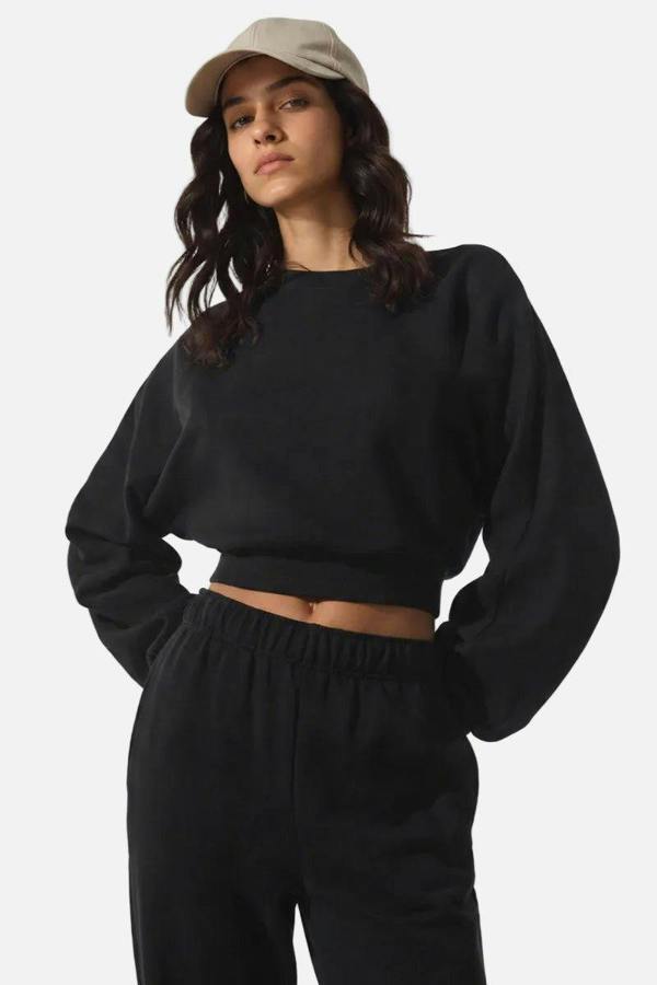Anniou Cropped Crew Neck Pullover - Black
