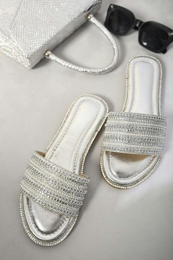 Melinda Open Toe Embellished Flat Sandals - Silver