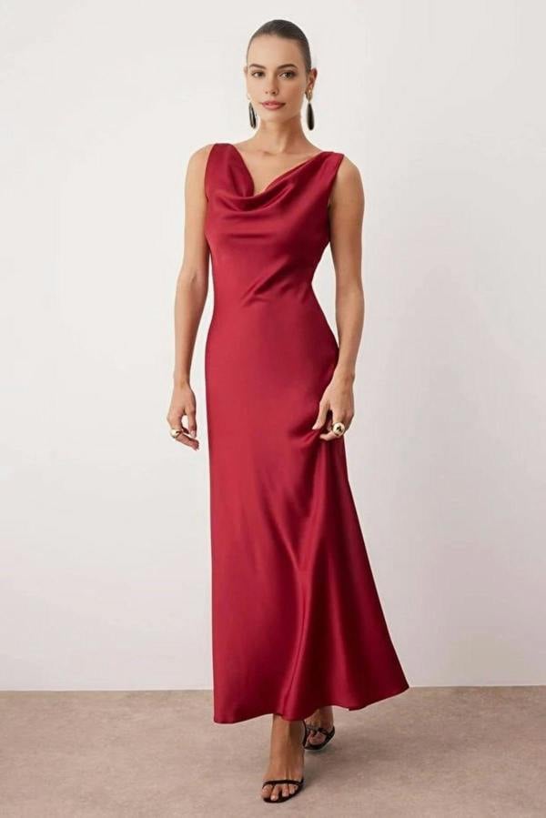 WOVCOR A-Line Cowl Neck Satin Maxi Elegant Dress