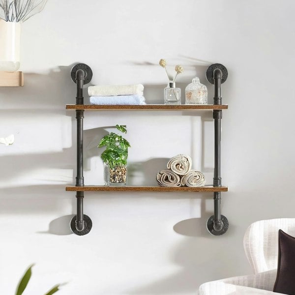 Rafaelo Mobilia Industrial Pipe Wall-Mounted 2 Tier Floating Shelves