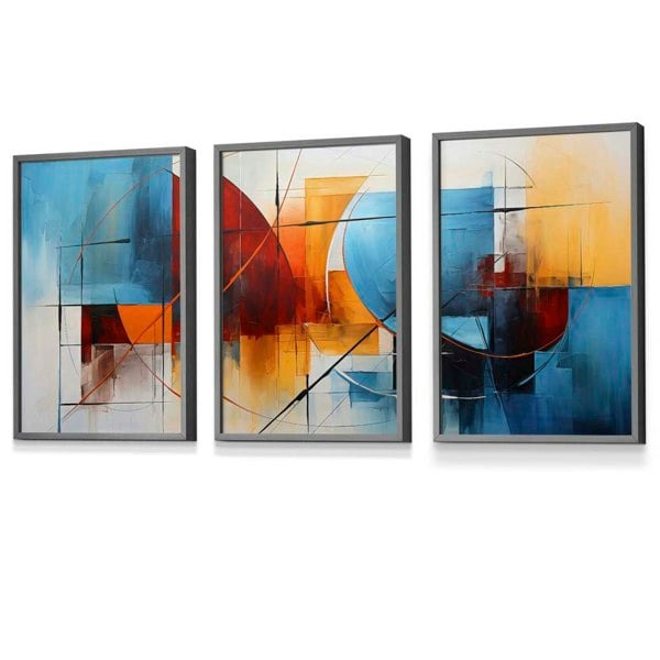 Artze Wall Art Set of 3 Abstract Colourful Blue and Red Framed Art Prints