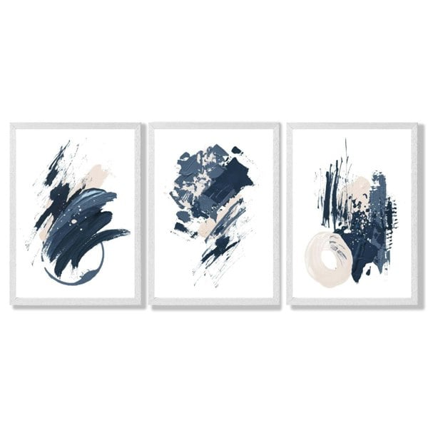 Abstract Set of 3 Minimal Blue Oil Painting Framed Art Prints with White Wooden Frames