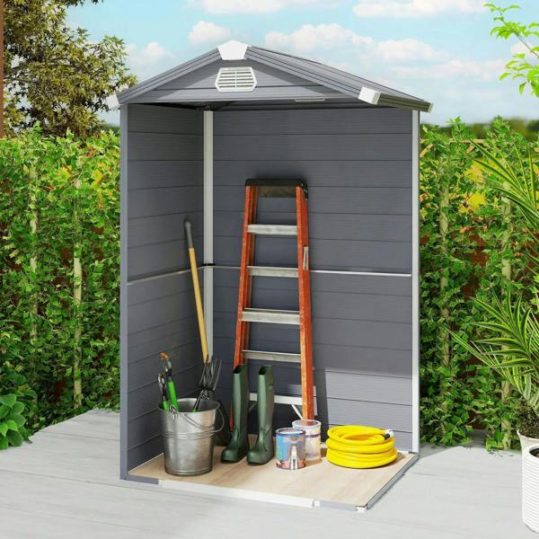 Grey wall shed with open double doors and interior shelving