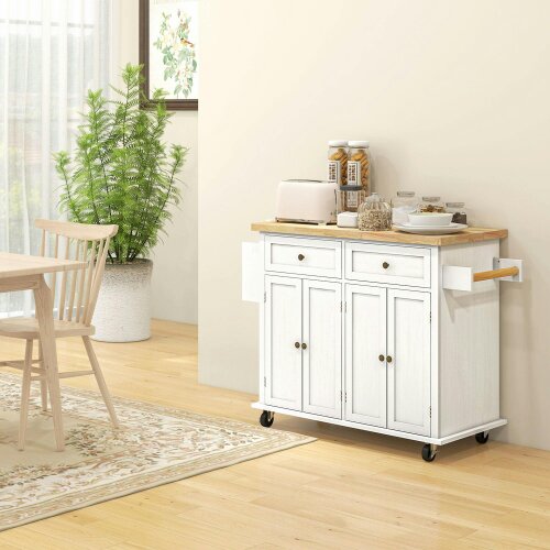 Wyld Haus Viratto Natural and White Wooden Rolling Kitchen Island With Drawers And Storage