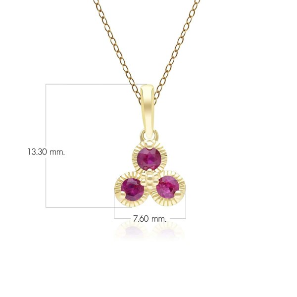 Gemondo Floral Ruby Three Stone Pendant Necklace in 9ct Yellow Gold