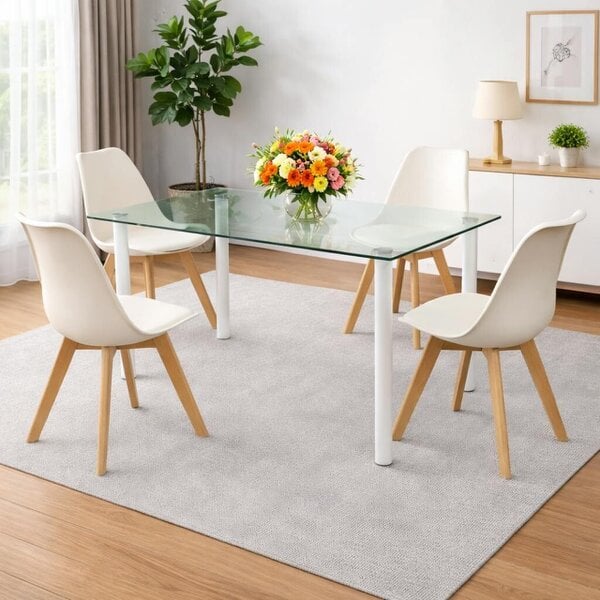 Kosy Koala Modern Clear Glass Dining Table Set With 4 Cream Plastic Chairs Dining Room Furniture